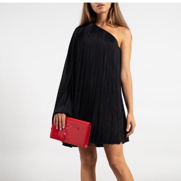 NWT Saint Laurent Black Fringe One-Shoulder Mini Cape Dress Black FR38 / US6-8 - Picture 1 of 13